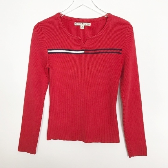 Tommy Hilfiger red ribbed pullover/logo front M - Picture 1 of 8